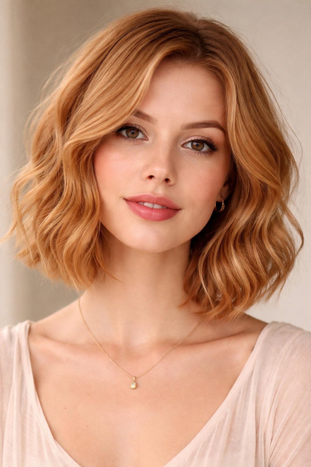 Chin-length waves in strawberry blonde color.