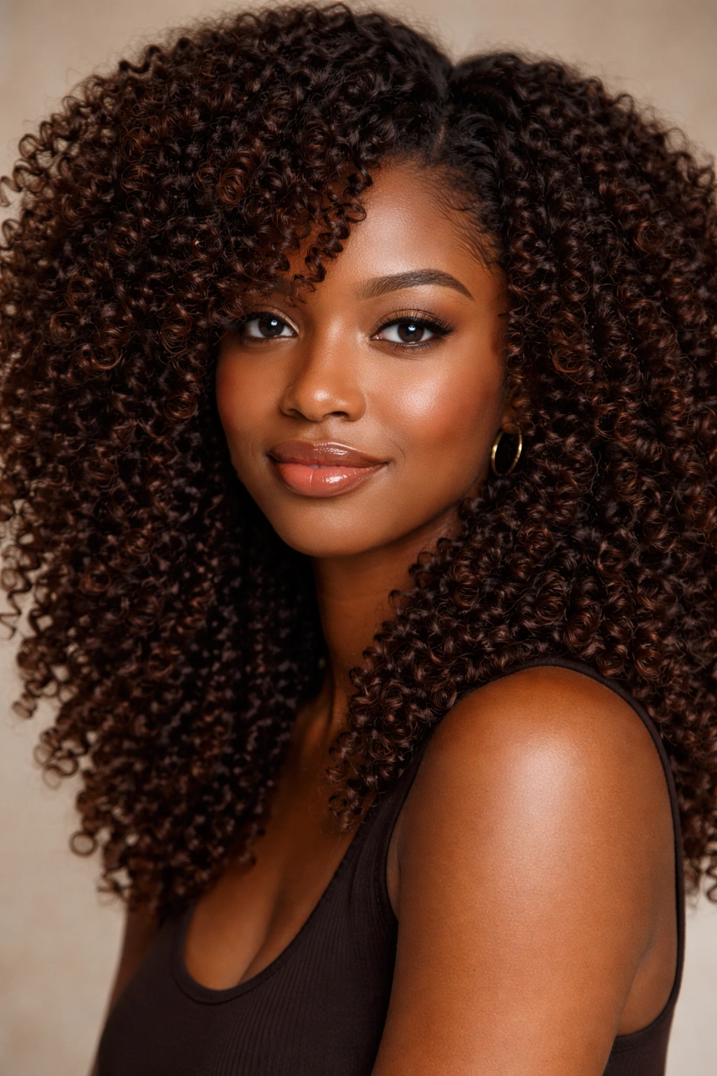 Close-up of rich chocolate brown coils with multidimensional warmth