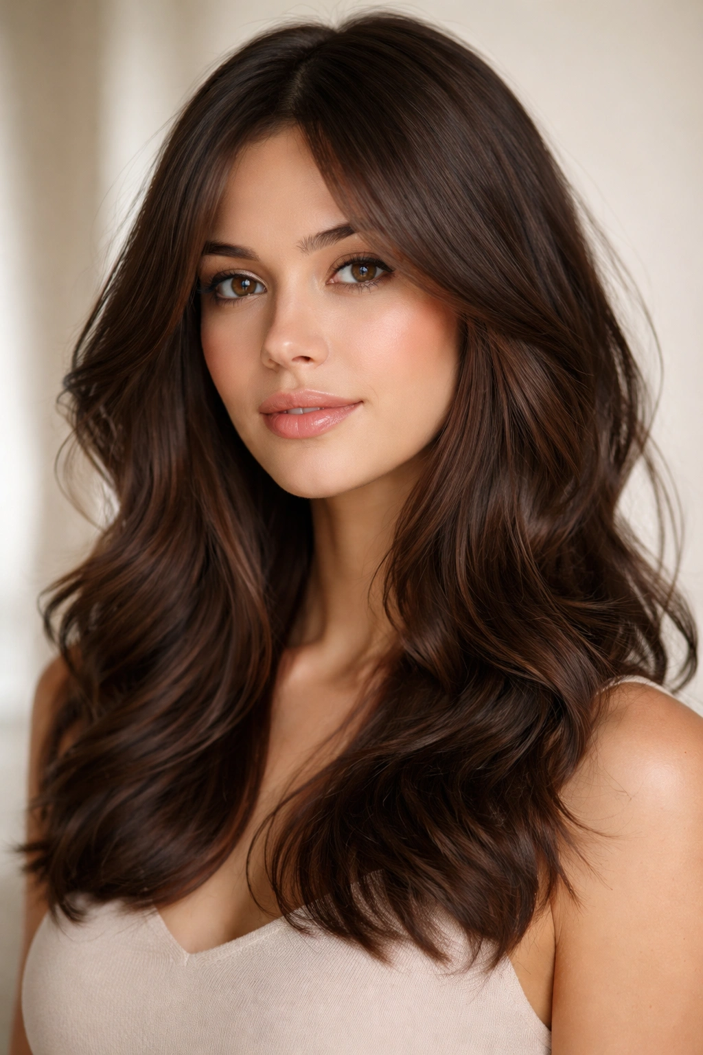 Chocolate brown waves with face-framing layers around cheeks catching glow