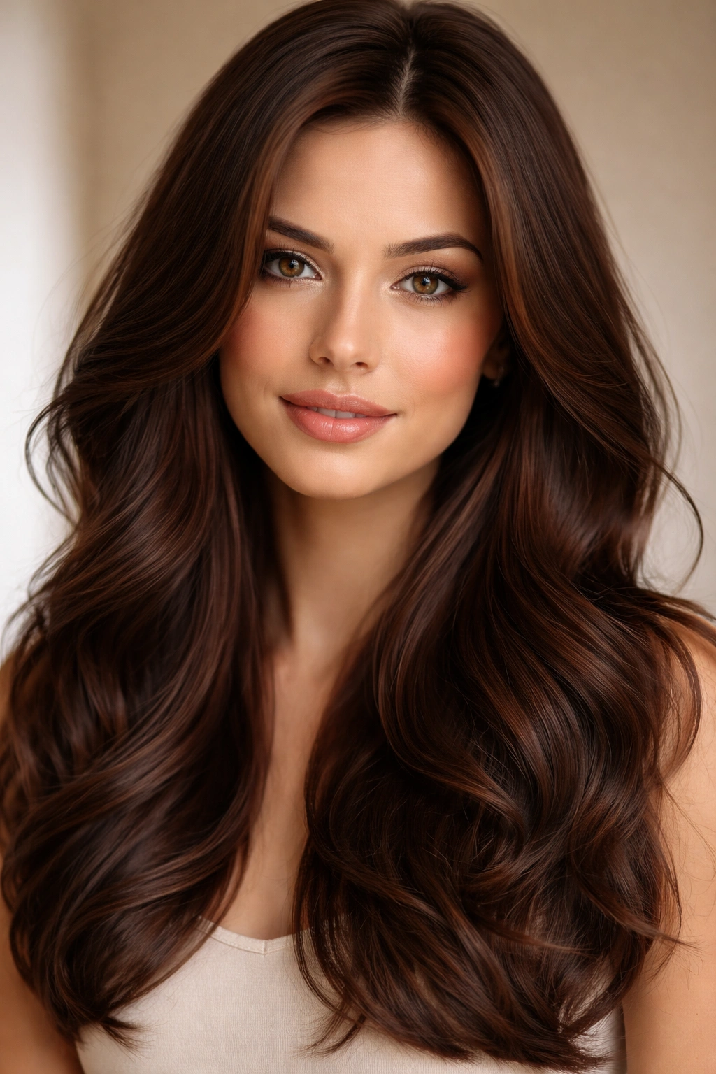 Chocolate brown hair with face-framing layers and soft waves around the face