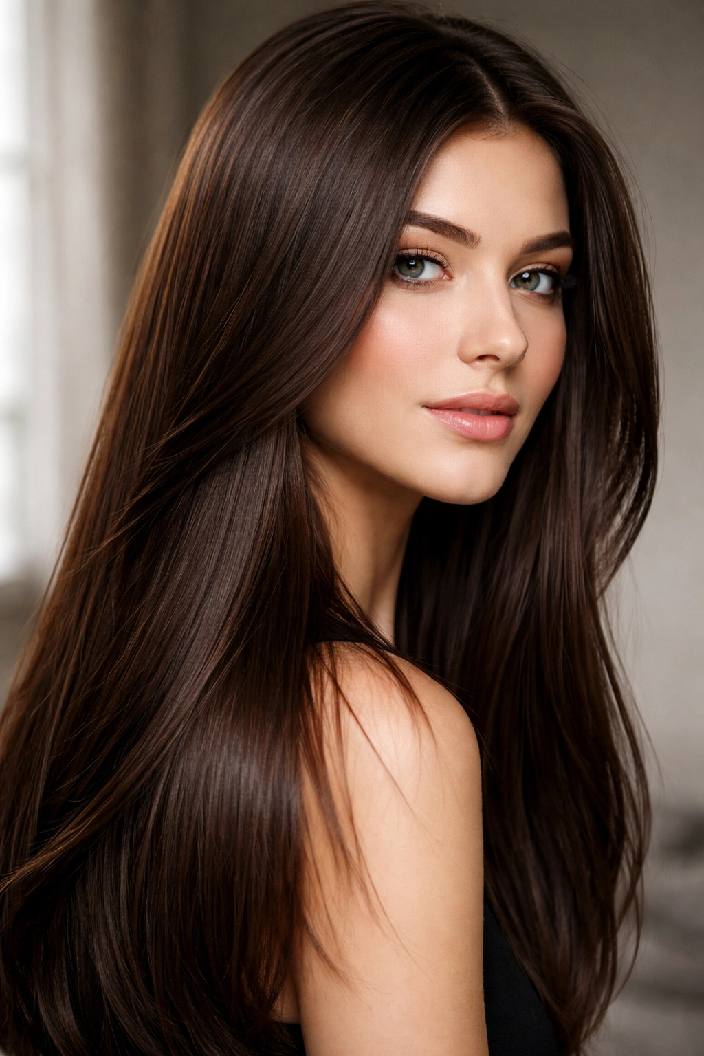 Close-up of straight chocolate brown hair with glossy shine