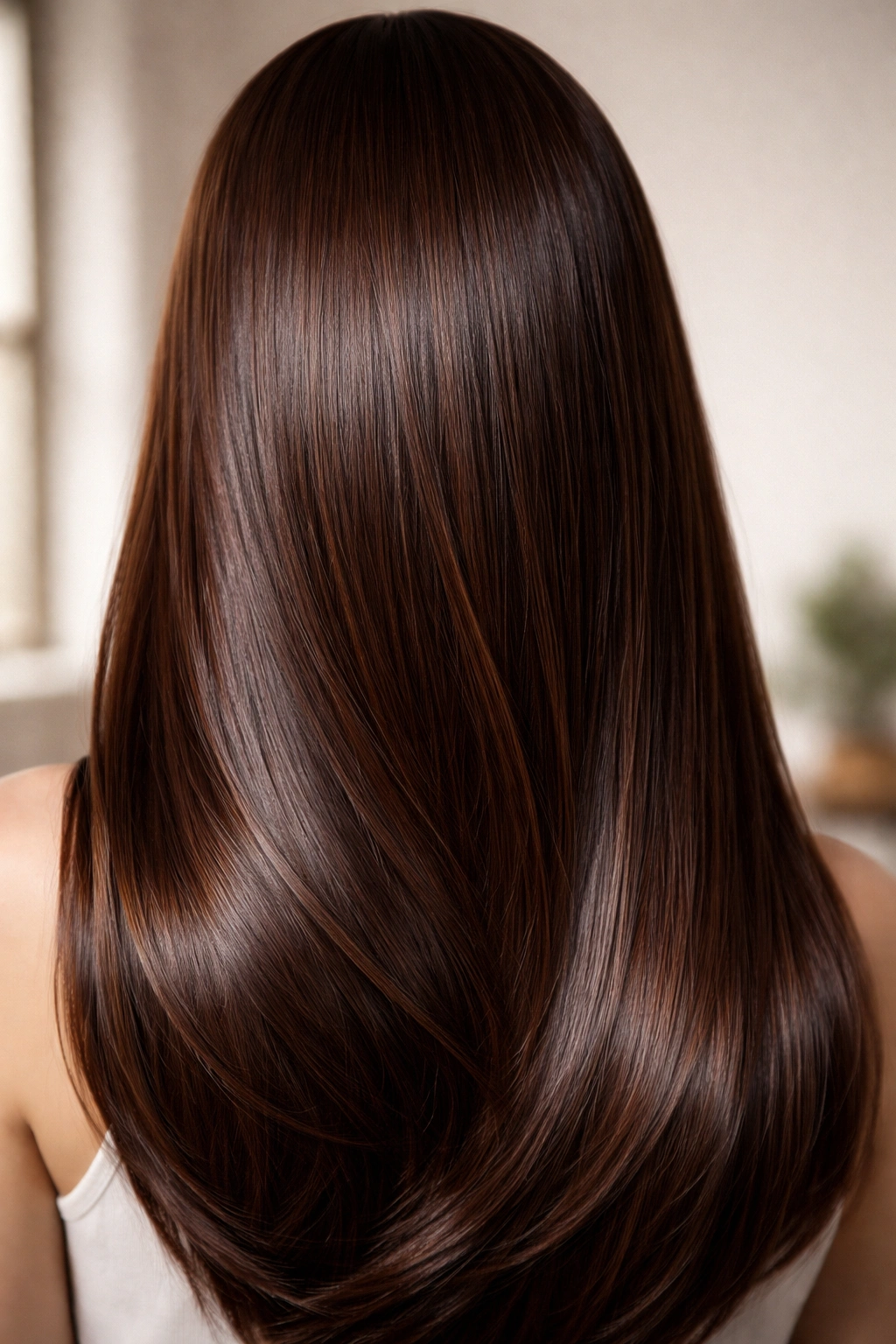 Close-up of straight hair in rich chocolate brown with caramel undertones and high gloss.