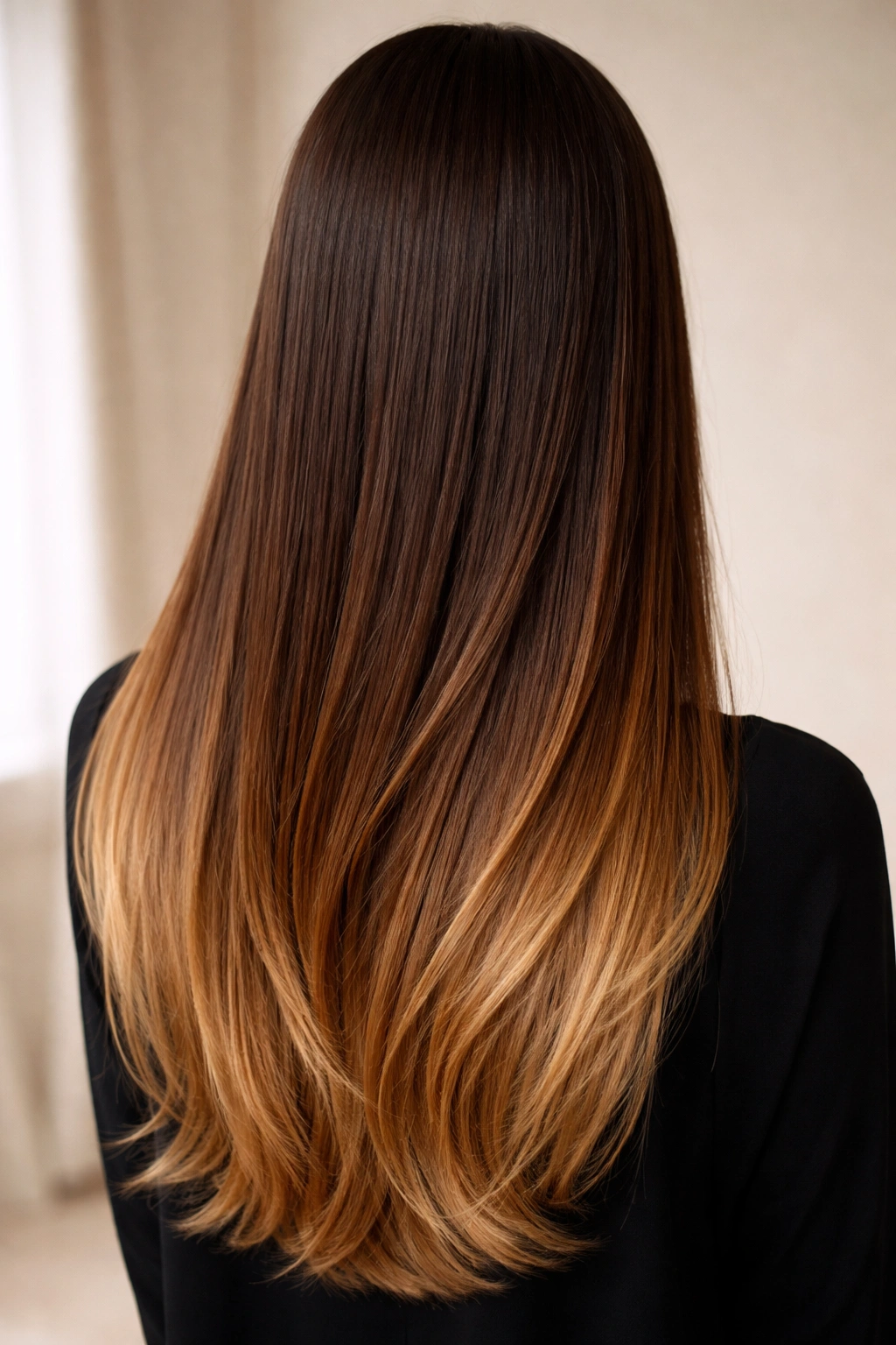 Close-up of straight hair showing chocolate brown to caramel ombre