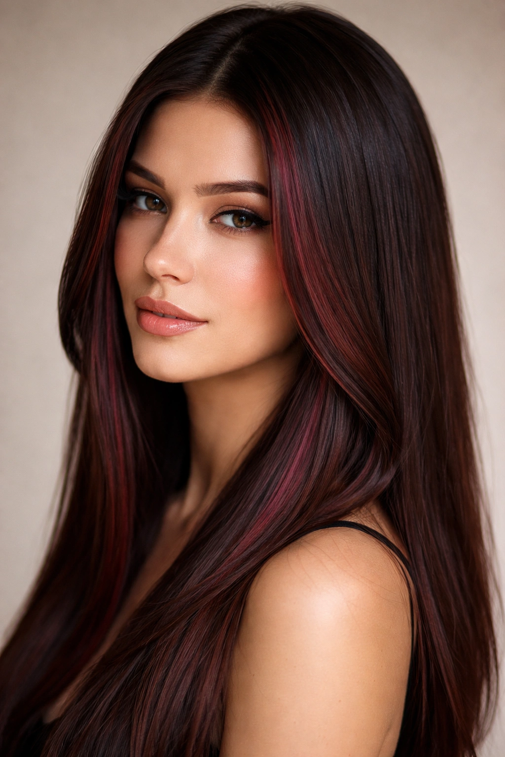 Close-up of chocolate mahogany money pieces on straight hair with red undertones
