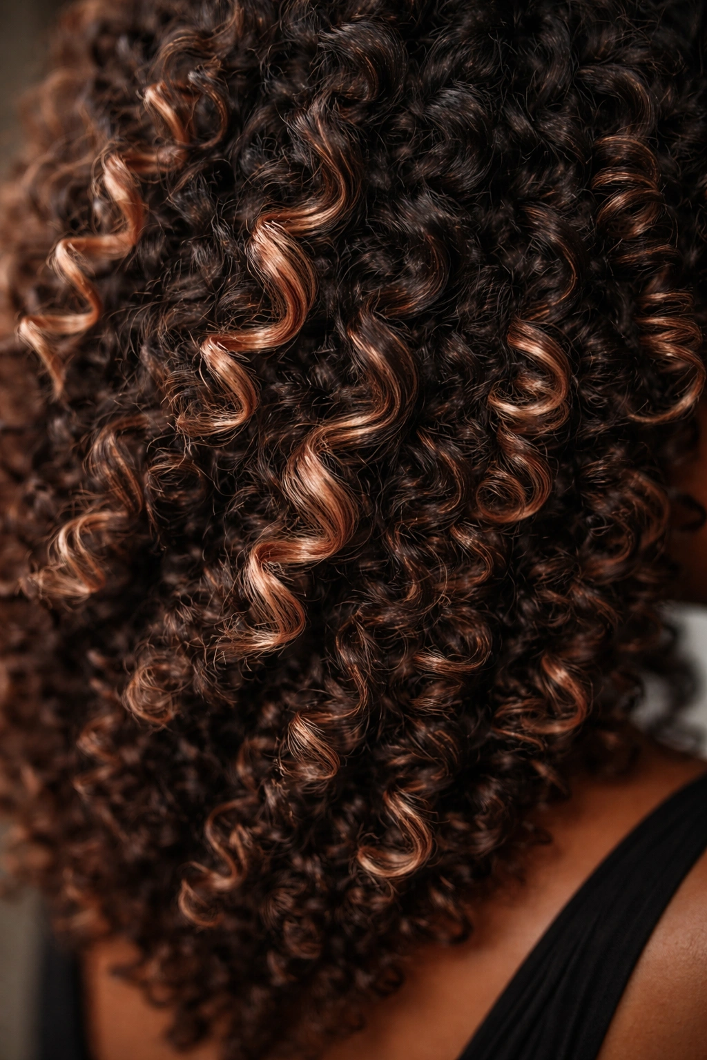 Close-up of coily hair with chocolate base and rose gold accents on outer curls