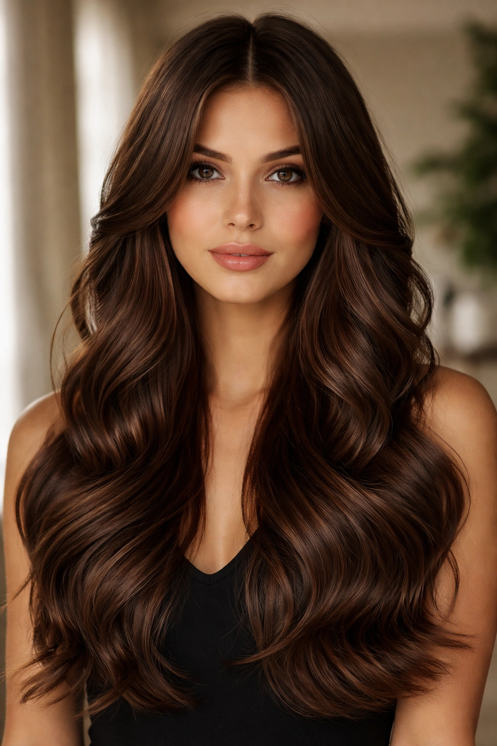 Chocolate brown waves with curtain layers and a center part forming a symmetrical frame
