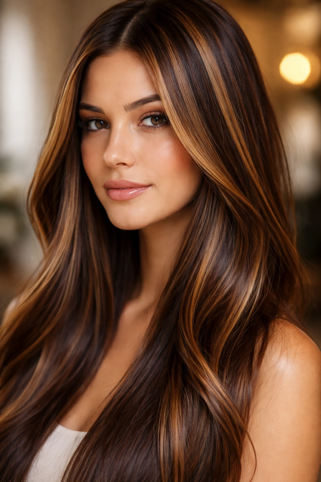 Chunky chocolate chip highlights on straight brown hair