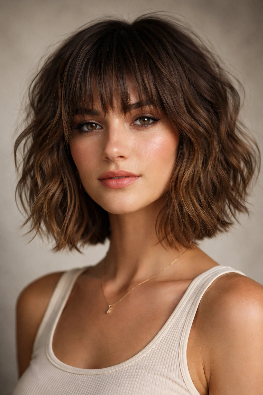 Choppy bangs on textured bob with visible piecey bangs