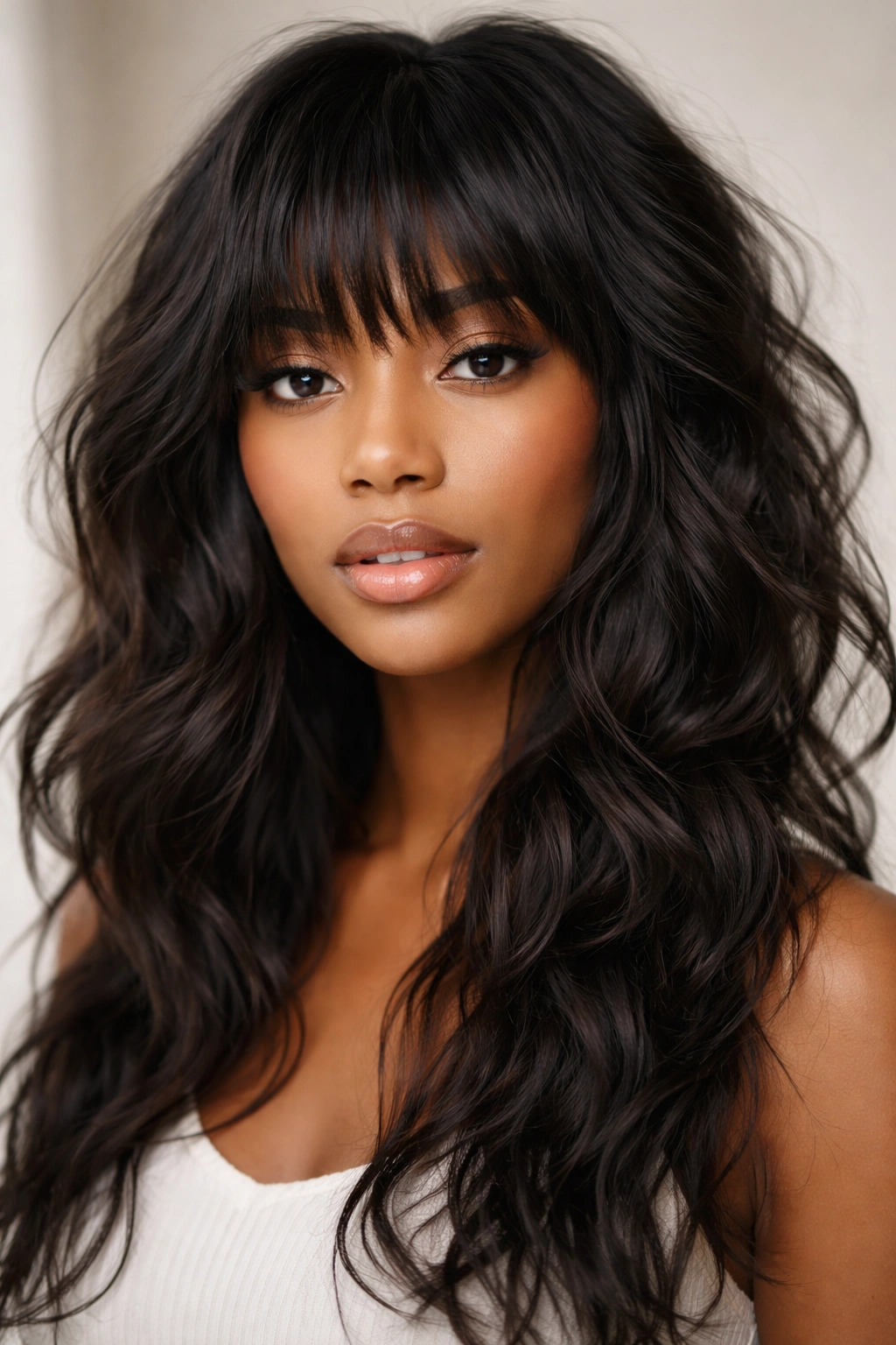 Close-up of choppy bangs with tousled waves on Black hair