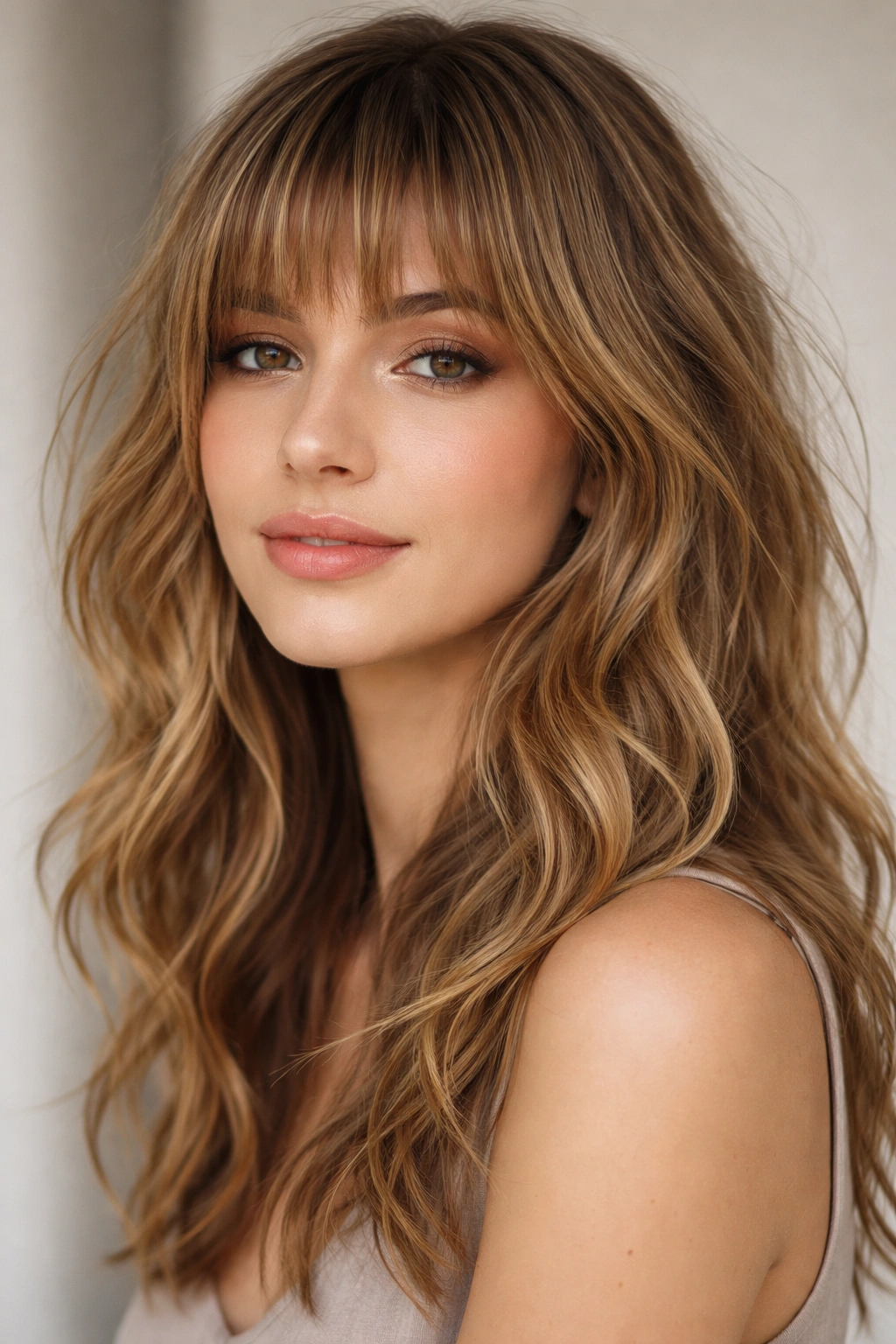 Close-up of choppy textured bangs with layered waves framing the face
