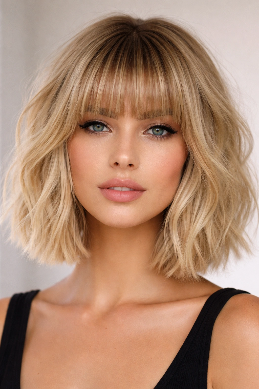 Choppy bob with blunt bangs on wavy blonde hair in a studio portrait