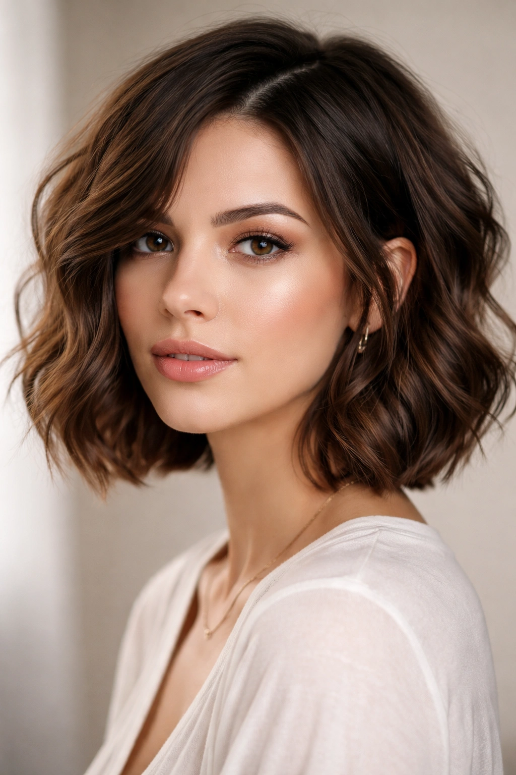 Brunette choppy bob with face-framing waves.