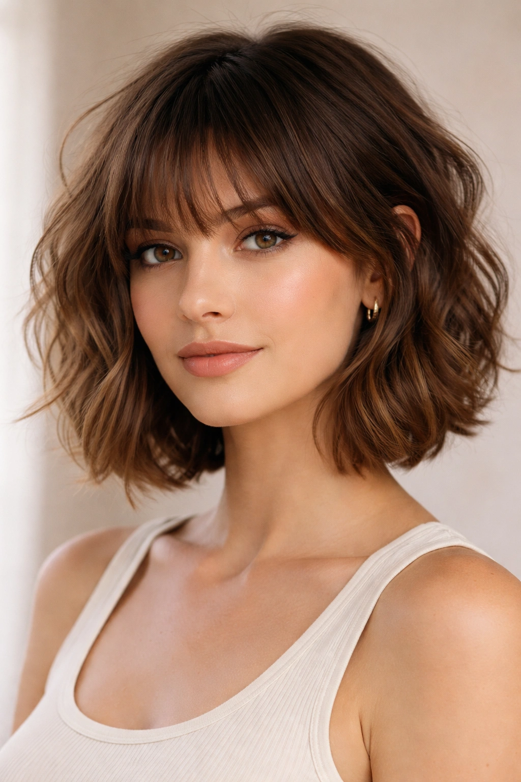 Choppy wavy bob with wispy bangs framing the eyes on a heart-shaped face