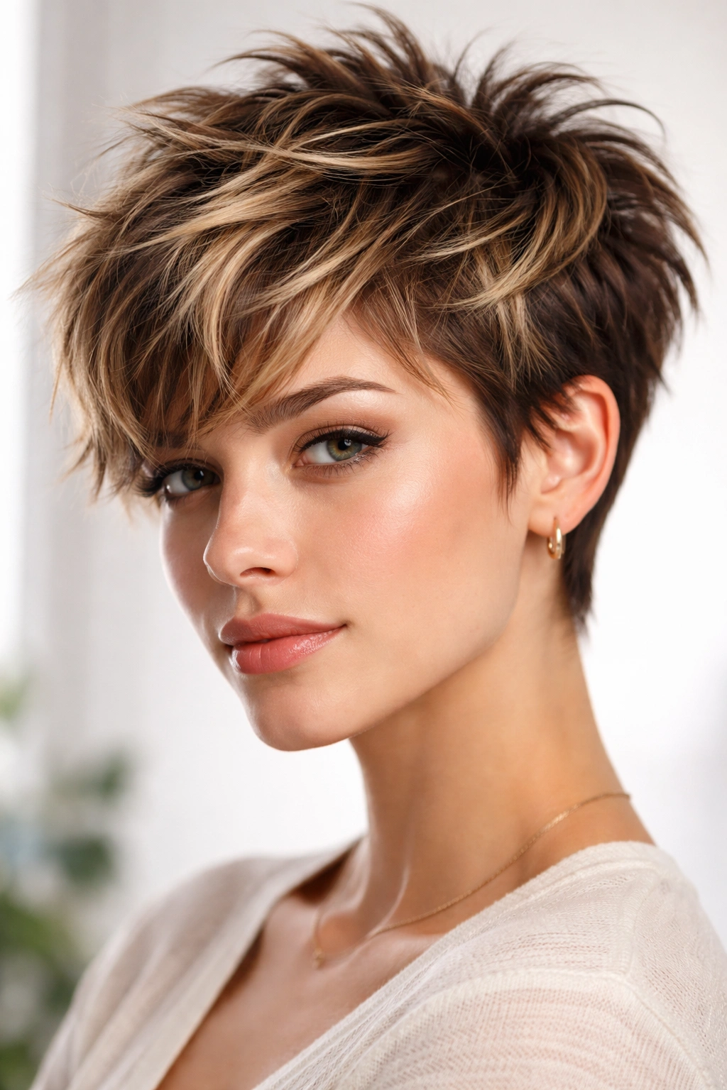 Choppy crop with strategic highlights on short hair