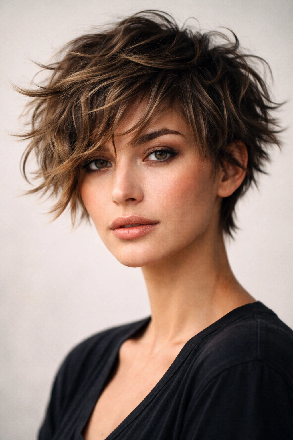 Short choppy crop with razor-cut layers and textured movement.