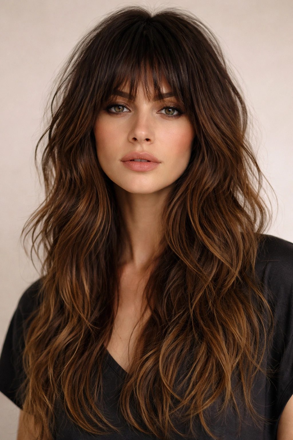 Choppy fringe shag with short front fringe and long layers