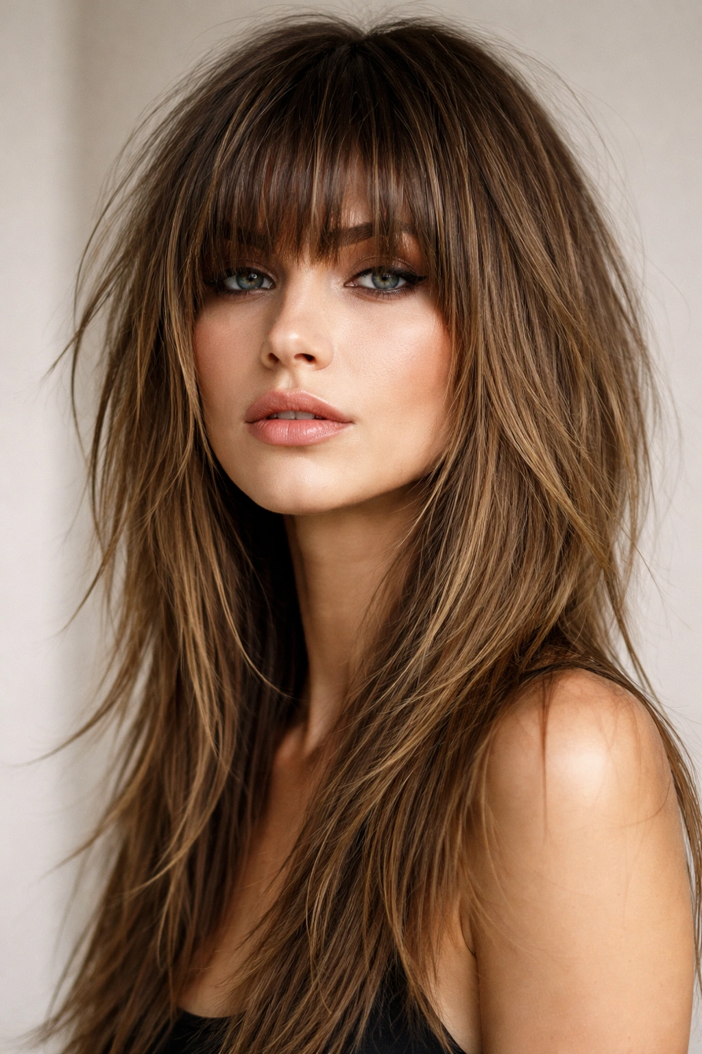 Choppy fringe shag on straight hair with bold bangs and textured layers