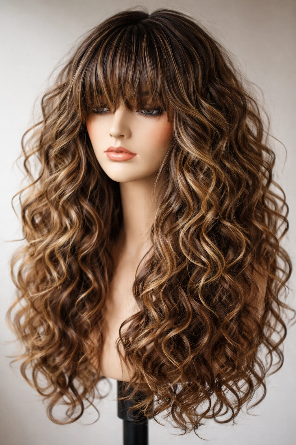 Choppy layered bangs with defined curls on long hair