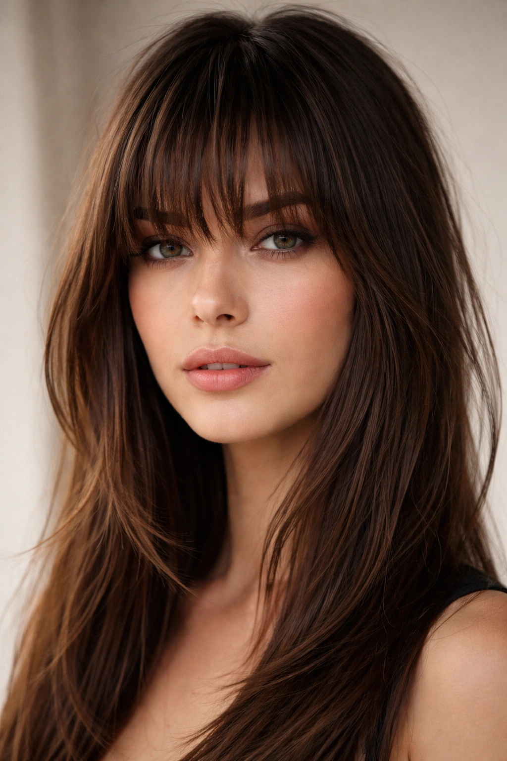 Close-up of choppy layered bangs with varied lengths on straight hair