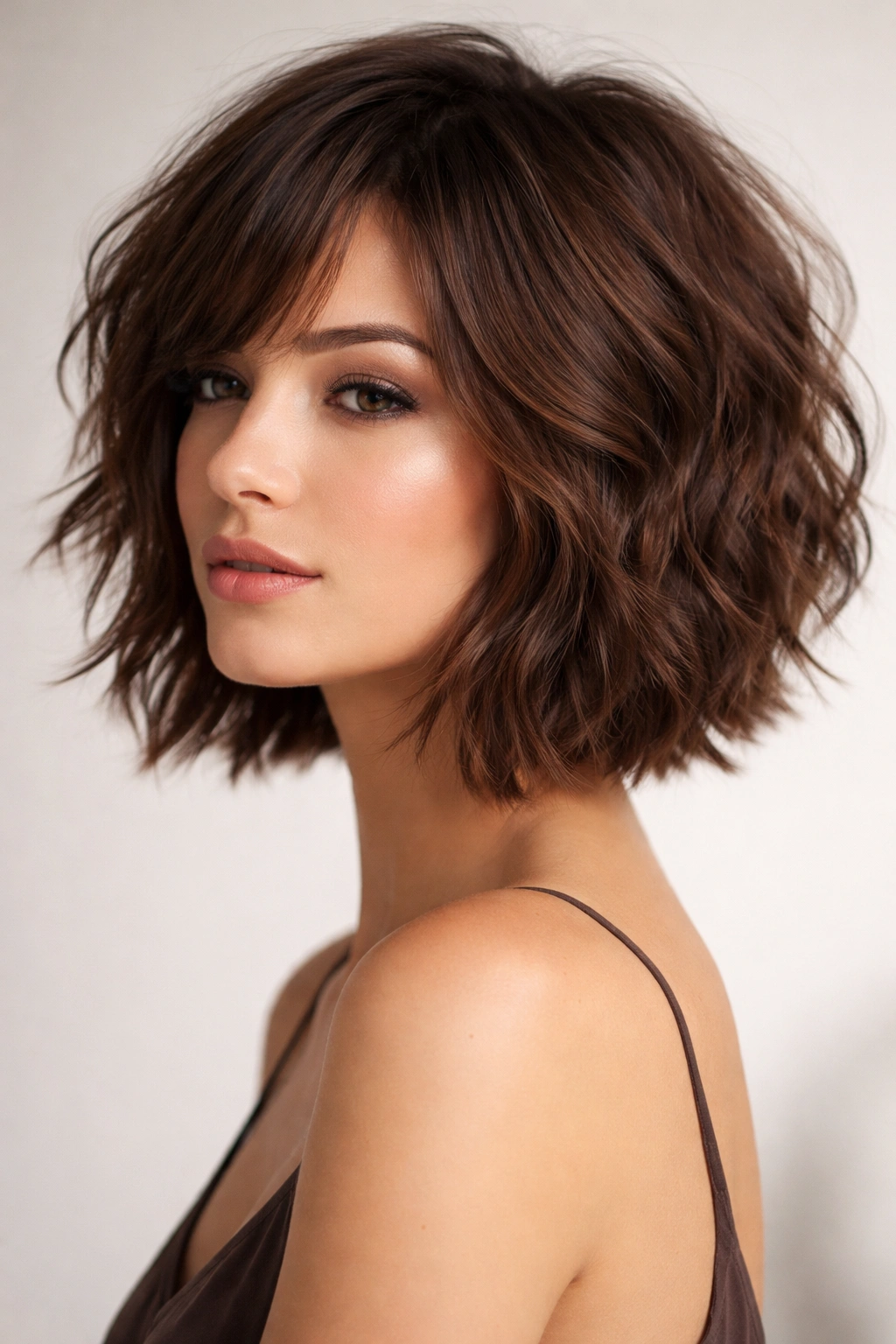 Choppy layered brown bob showing texture and dimension.