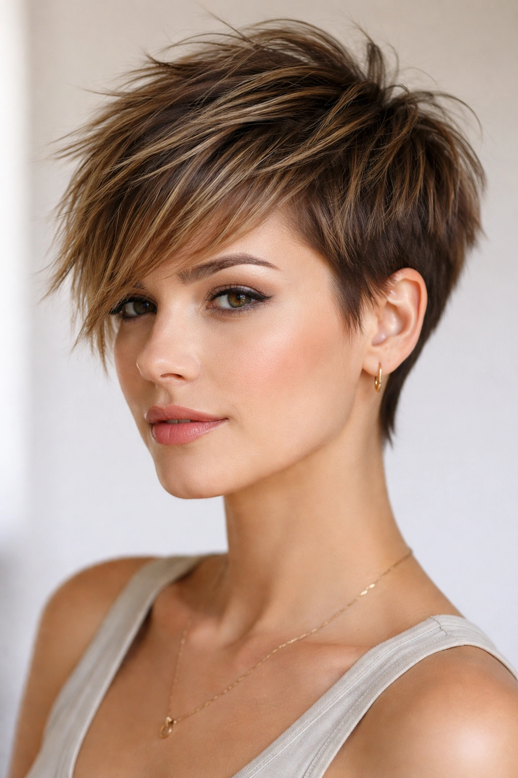 Head-and-shoulders portrait of choppy layered cut with longer top on straight hair