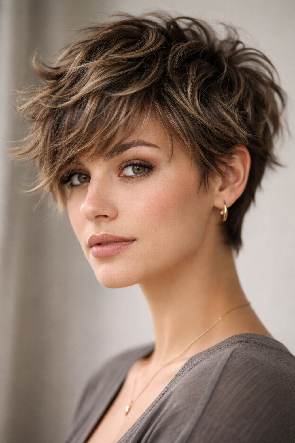 Front-three-quarter view of a choppy layered wave pixie with textured layers.
