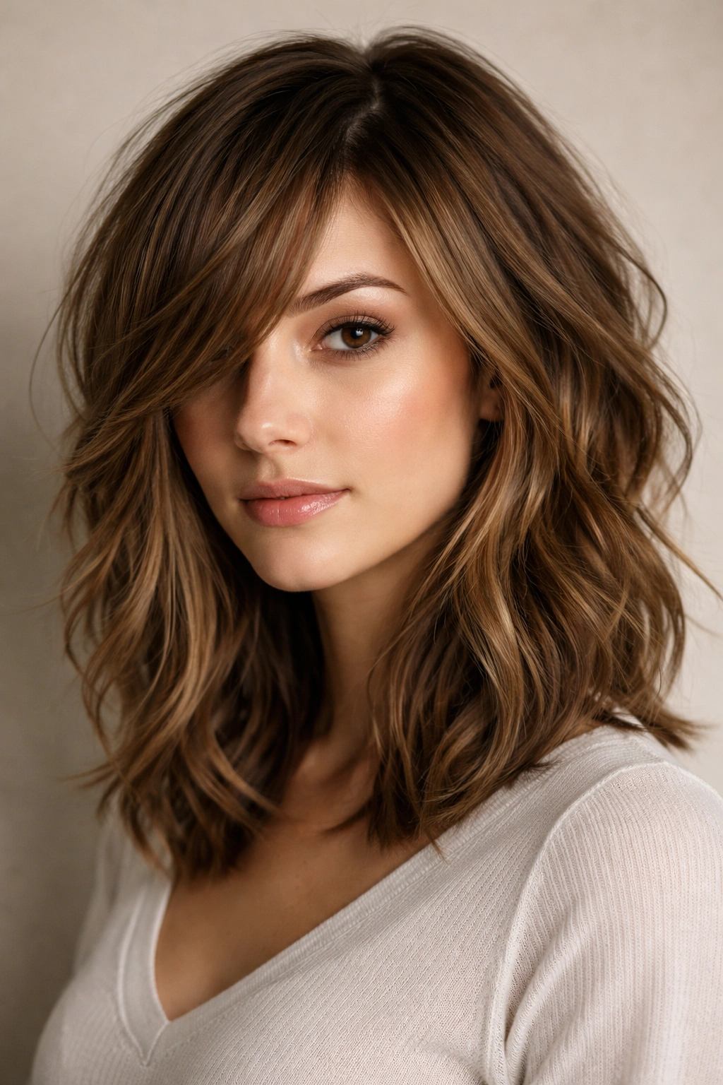 Choppy layered waves with angled side bangs in a studio portrait