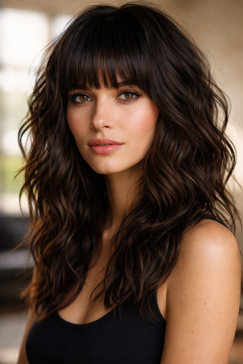 Choppy razor-cut layers with blunt bangs on thick wavy hair