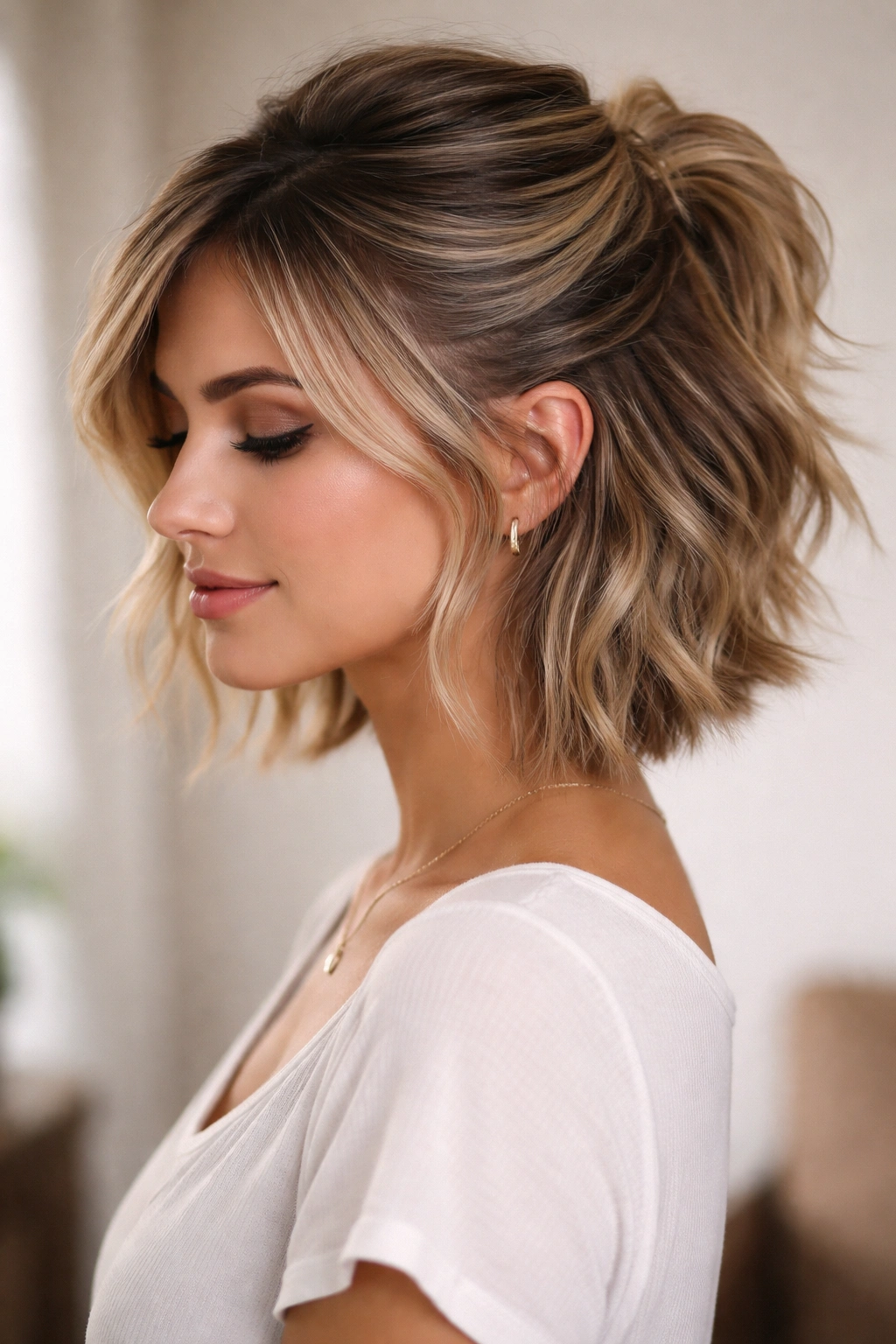 Choppy layered short hairstyle with a side swept half-up.