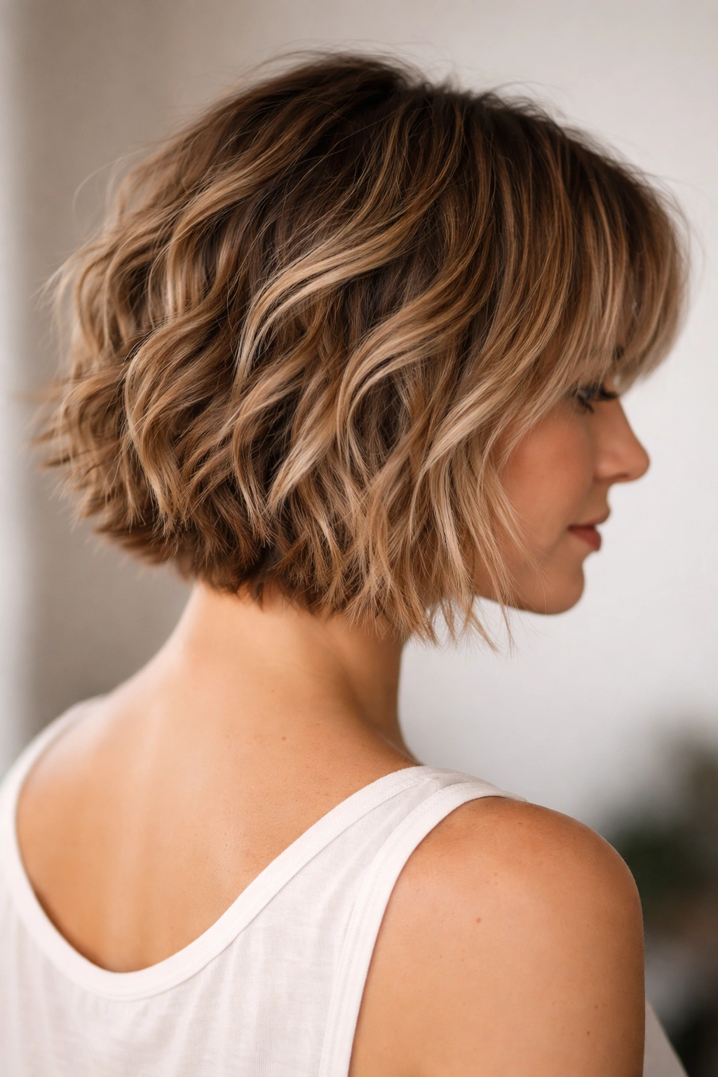Bob with choppy layers and textured ends showing wispy pieces