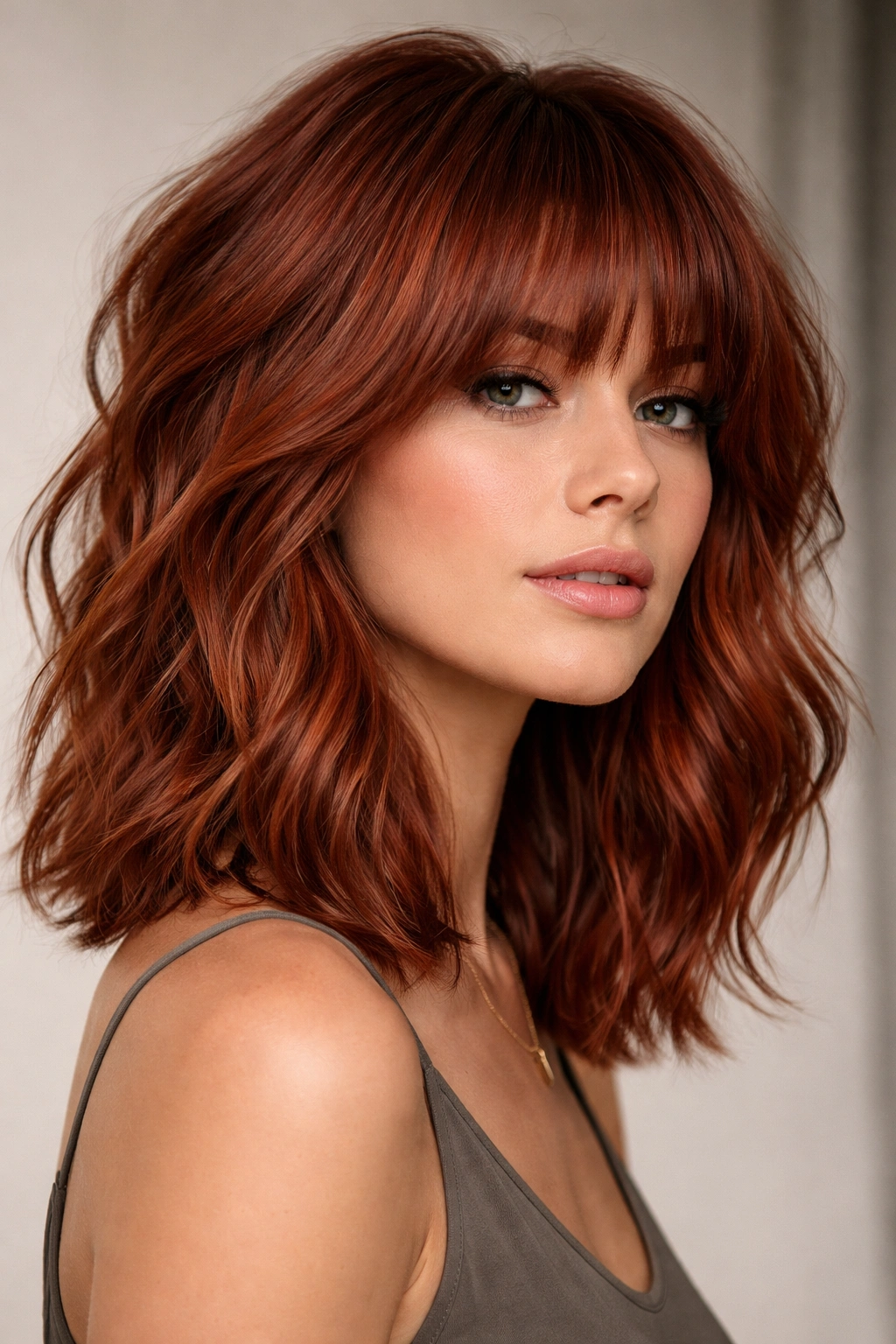 Red choppy lob with textured bangs in profile