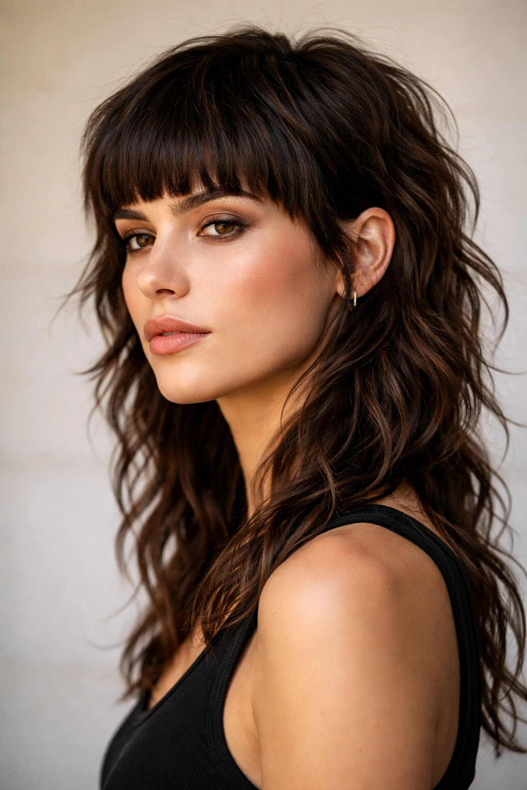 Choppy mullet with thick textured blunt bangs above the eyebrows.