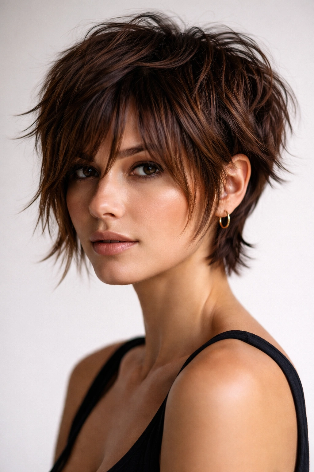 Choppy pixie with extra-long bangs on brown hair highlighting texture