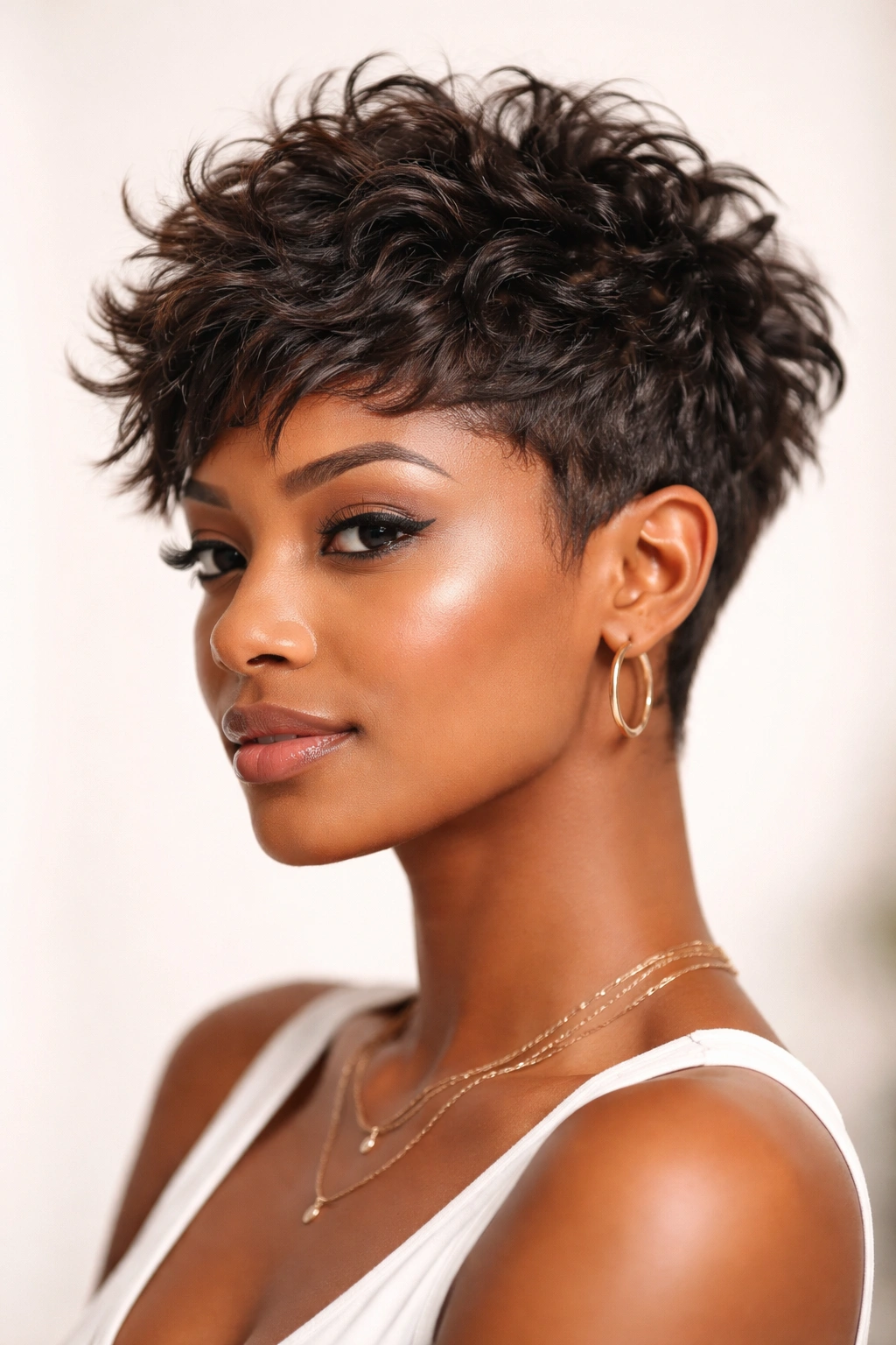 Close-up of short choppy textured pixie on coily hair