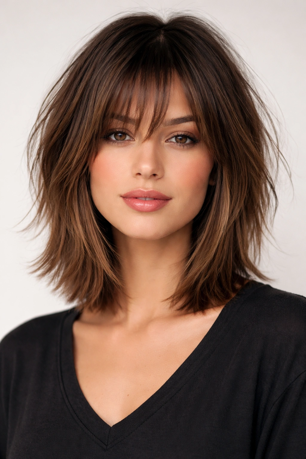 Close-up of a model with a shoulder-length choppy shag bob on straight hair.