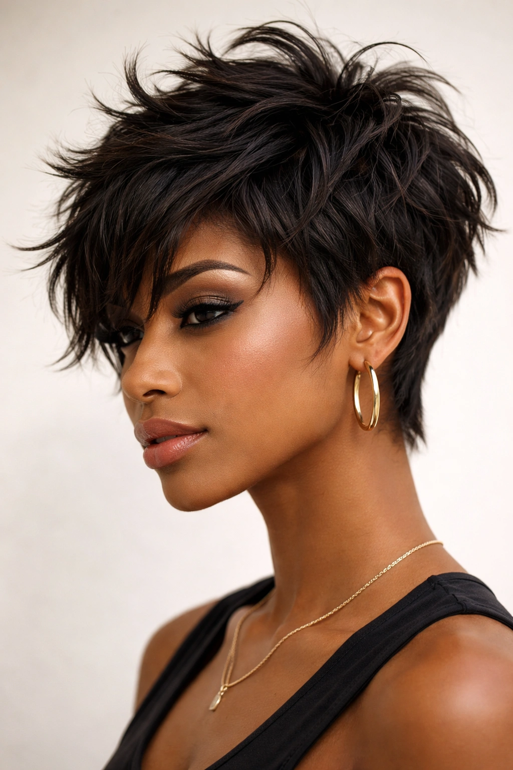 Close-up of a short haircut with choppy layers and textured crown