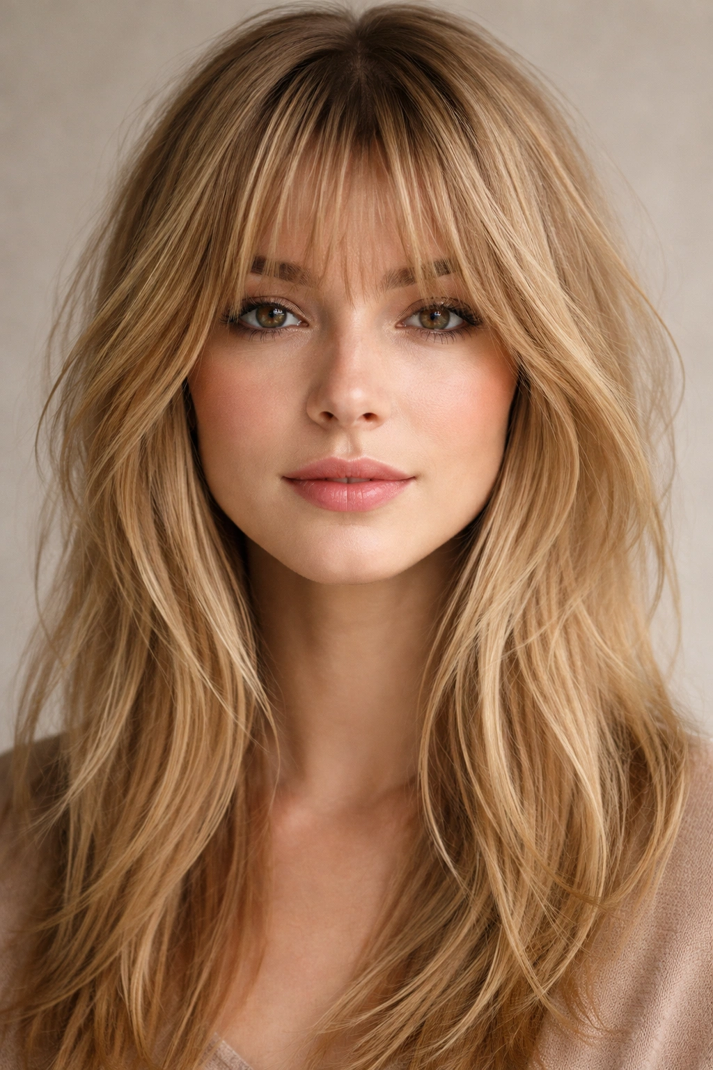Close-up of choppy textured curtain bangs with varied lengths for volume.