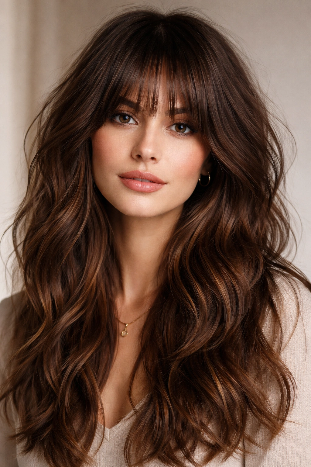 Face-framing fringe with choppy layered brown waves