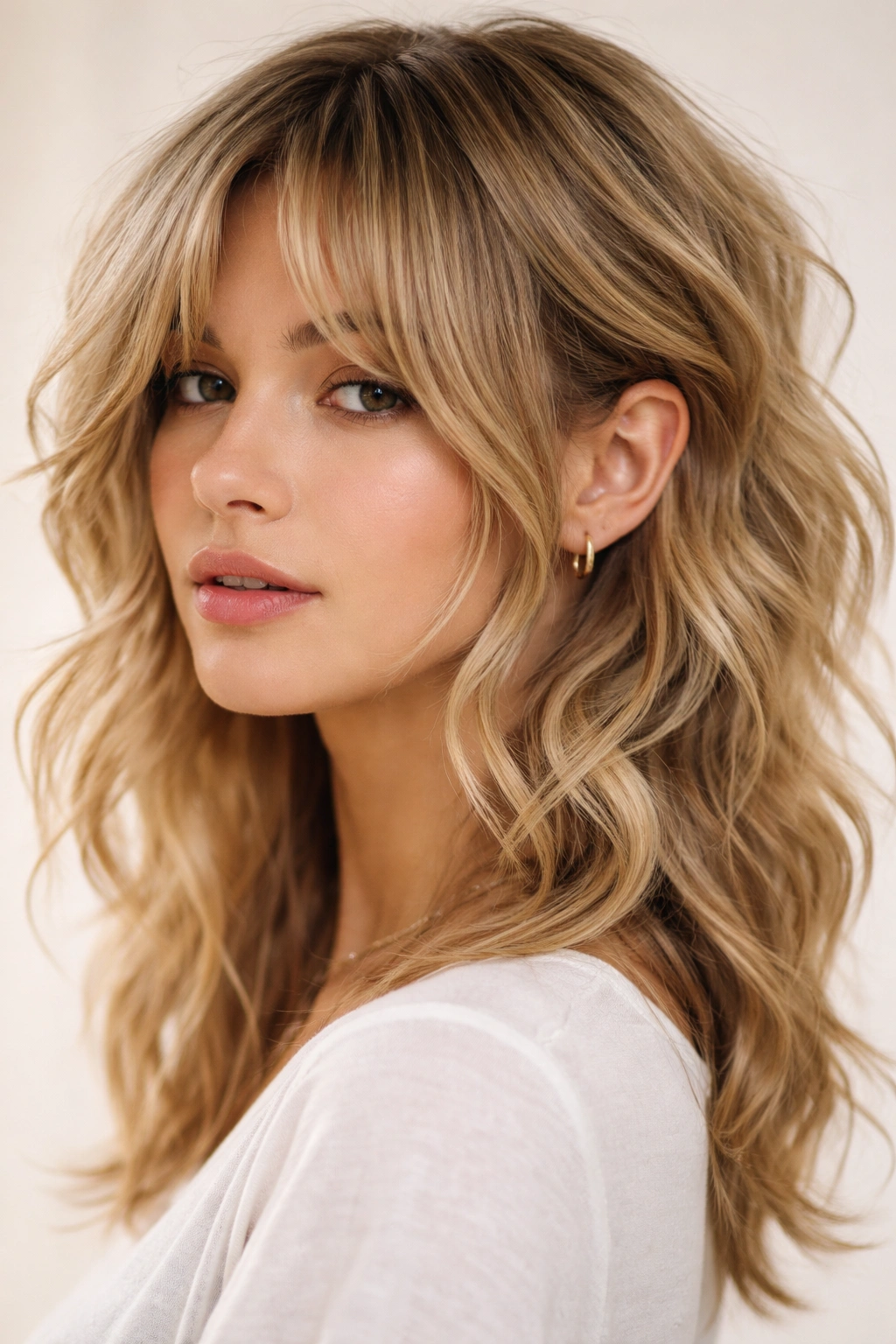 Close-up of blonde hair with choppy waves and undercut curtain bangs