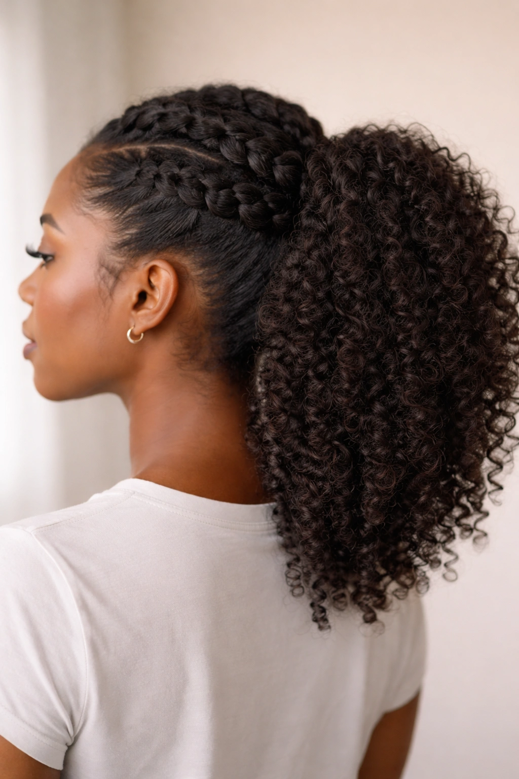 Close-up of chunky braided ponytail with thick braids converging into a ponytail.