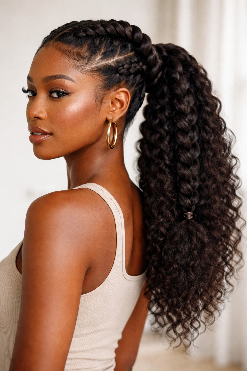 Two thick chunky braids meet into a large textured ponytail