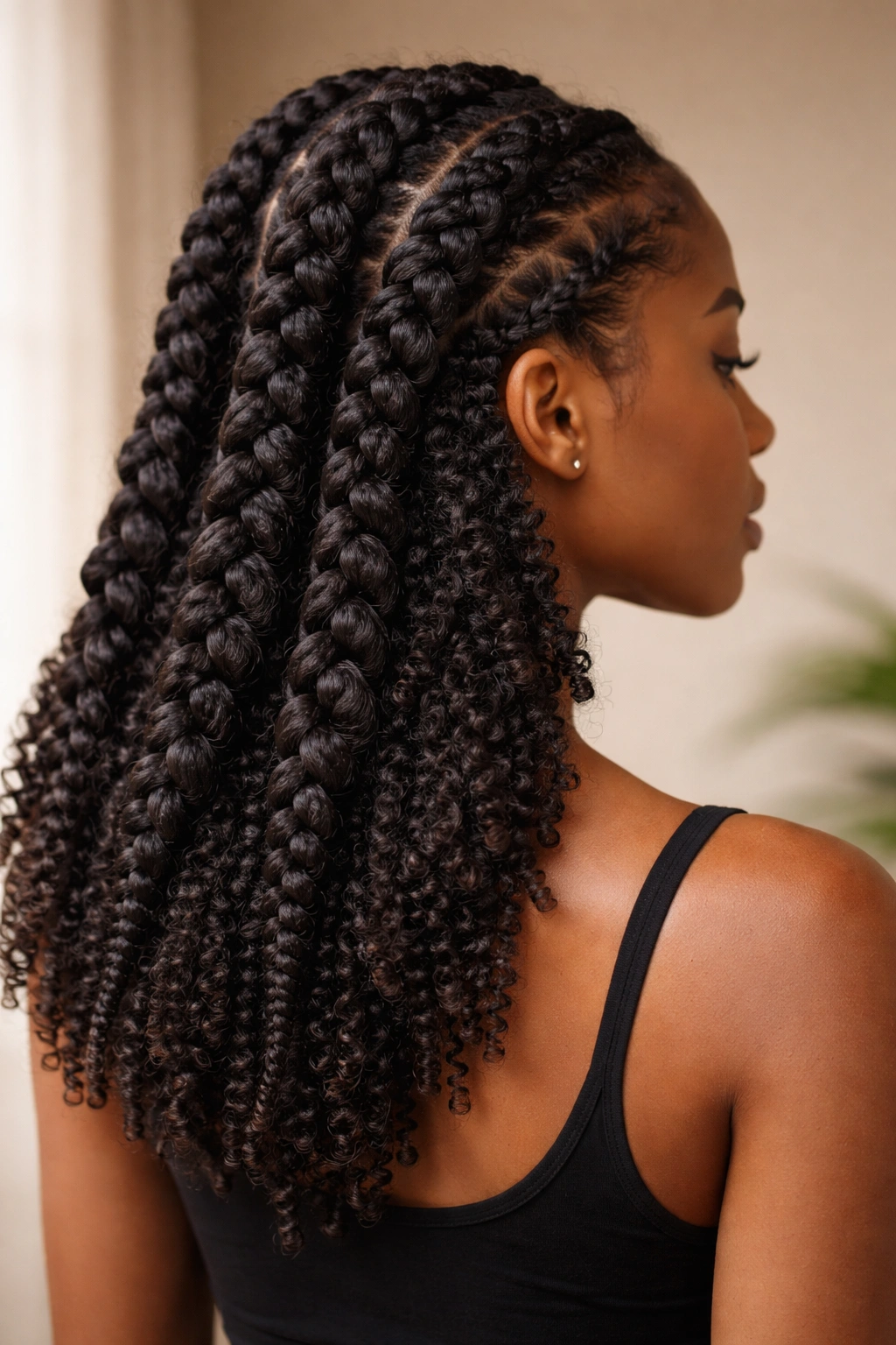 Back view of chunky braids with coils peeking through the underside