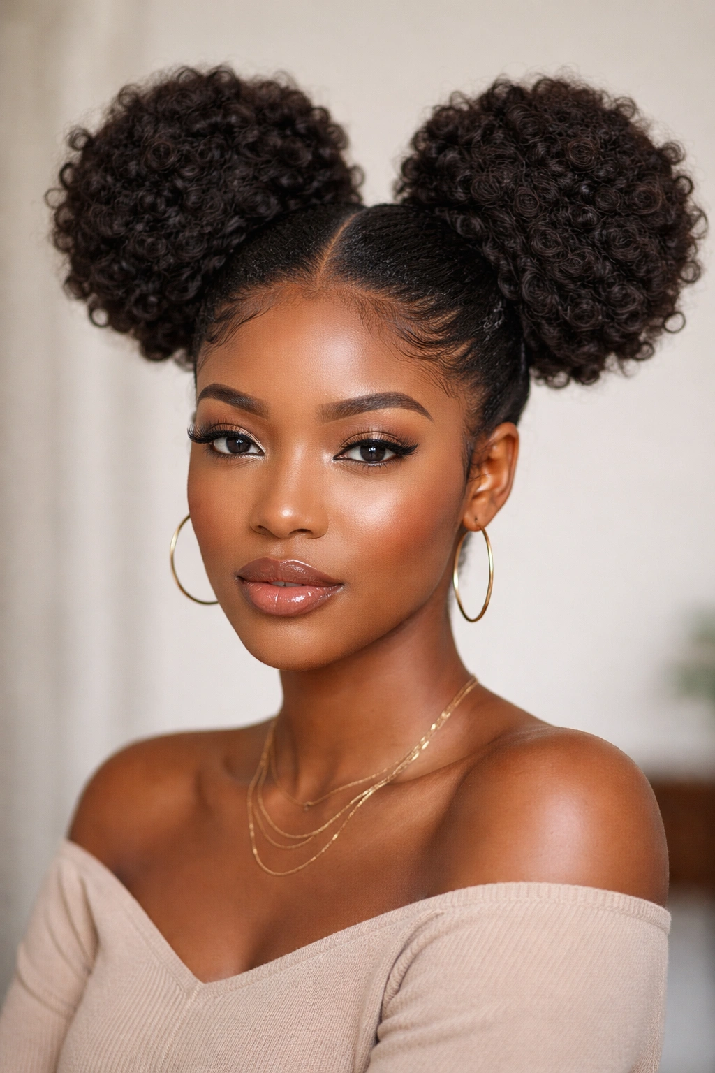 Two chunky coil space buns with natural coils on top of head