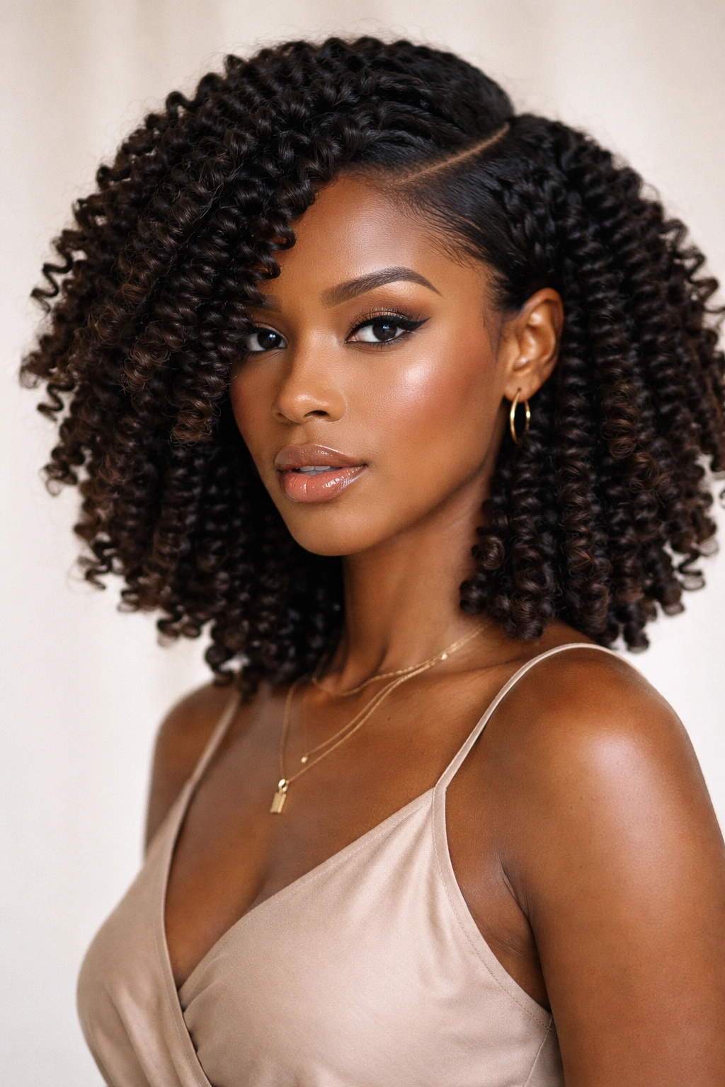 Portrait of medium-length coily hair with a deep side part and chunky coil clusters