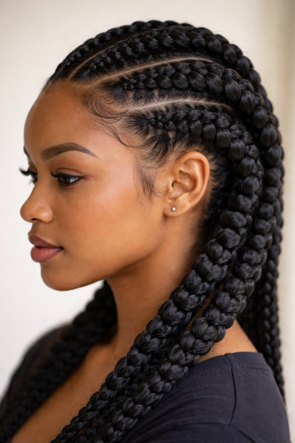 Side portrait of chunky feed-in cornrows braided loosely
