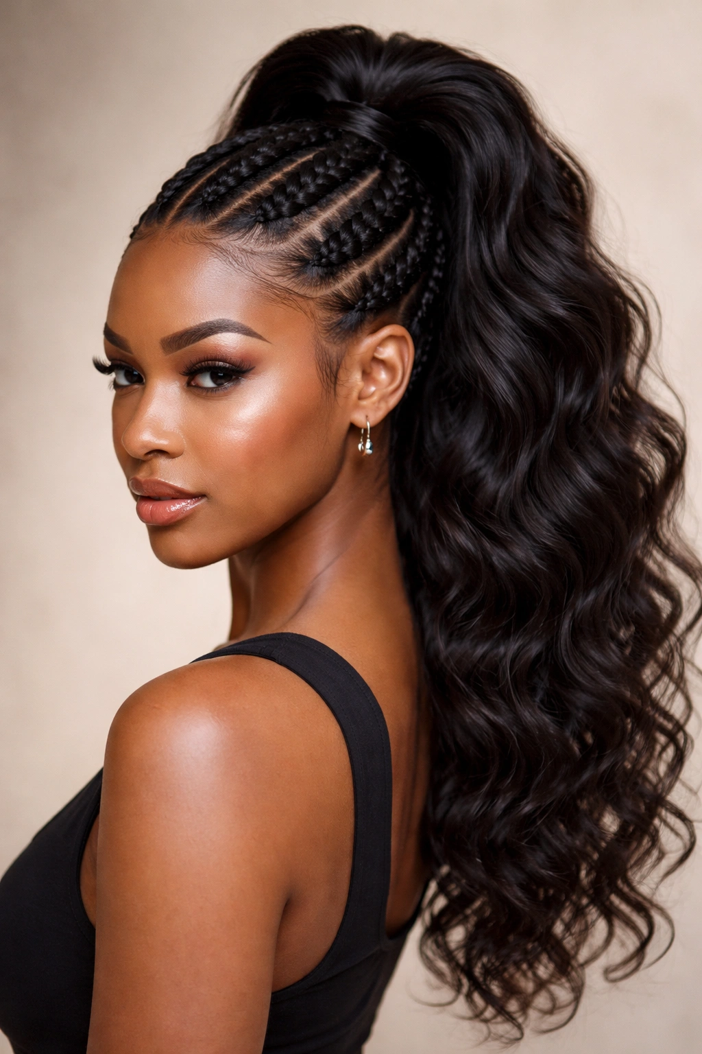Thick Ghana cornrows from deep side part into high voluminous ponytail