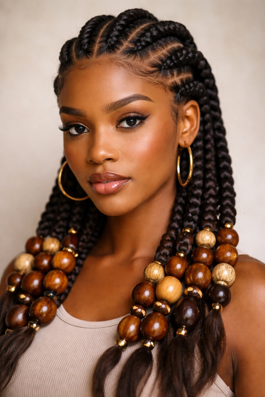 Close-up of thick cornrows with large wooden beads