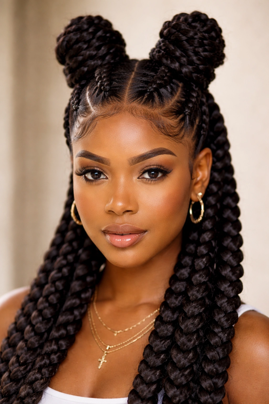 Chunky feed-in braids with stacked buns
