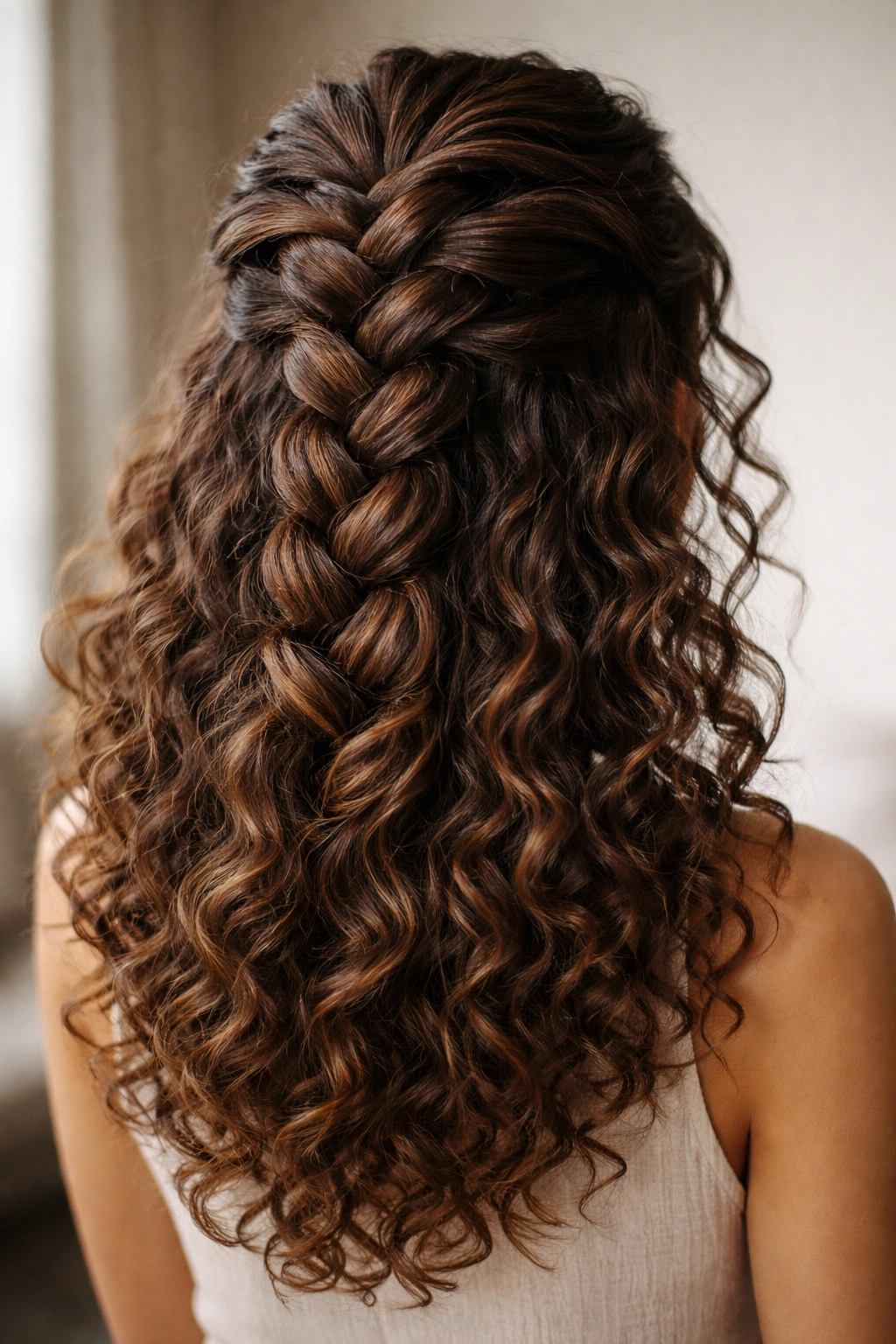 Bold chunky french braid half up with voluminous curls underneath