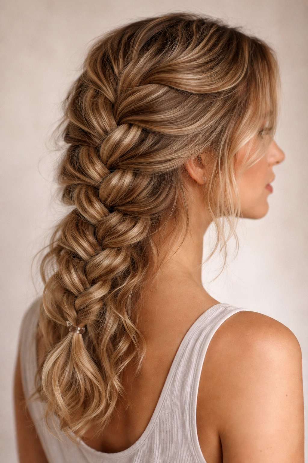 Close-up of a chunky French braid on wavy hair highlighting fullness and texture